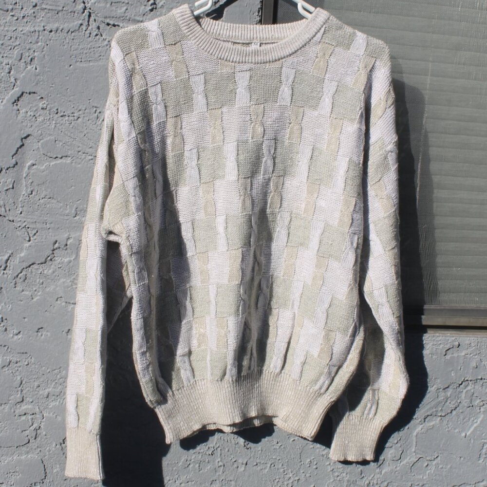 Two Tone Beige 3D Cable Knit Men Sweater Size Medium Cotton Linen Crew Neck Vtg